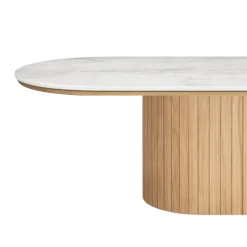 Bobby - Oval sofabord med lys beige stenbordplade og fod i eg 120x55x45 cm